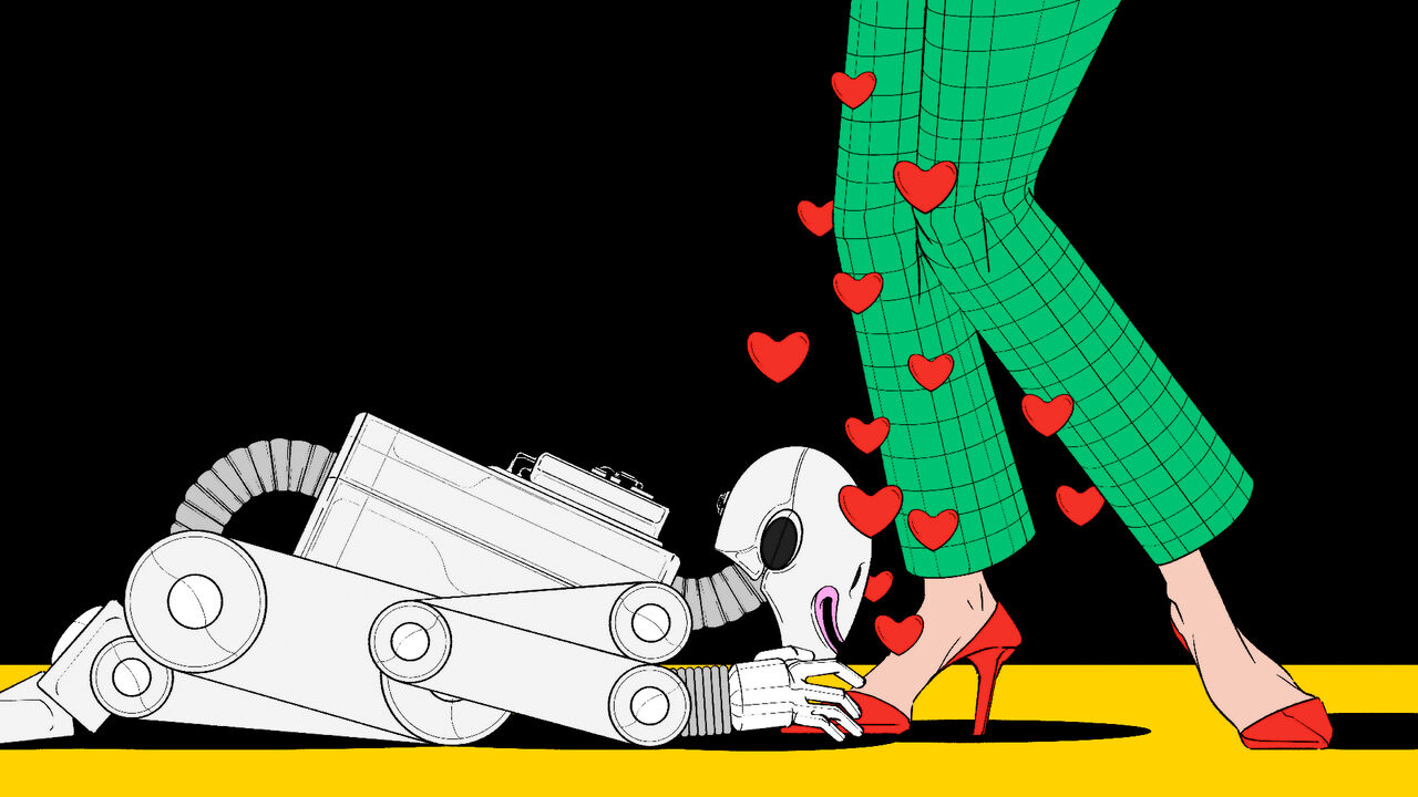 A robot kisses a woman’s ankle, with red hearts around them.