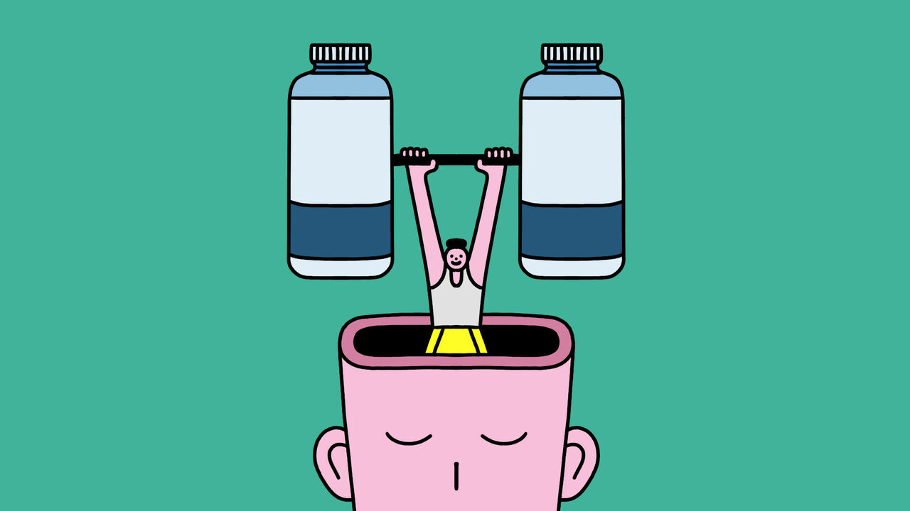 A person lifting a bar bell with two tubs of creatine as the weights. They're emerging from a larger person's head.
