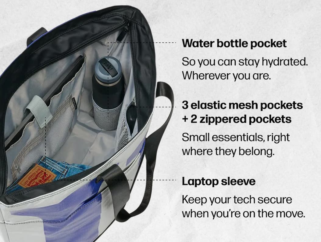 Water bottle pocket So you can stay hydrated. Wherever you are. | 3 elastic mesh pockets + 2 zippered pockets Small essentials, right where they belong. | Laptop sleeve Keep your tech secure when you’re on the move.