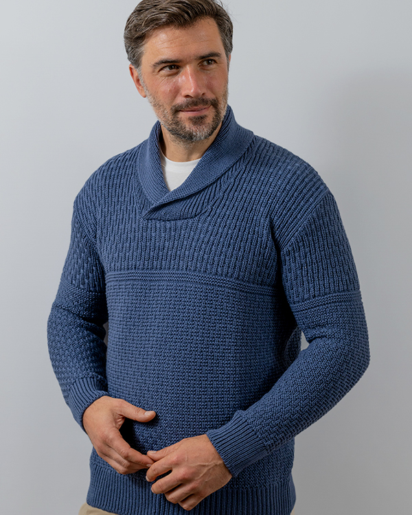 MEN’S TEXTURED SHAWL COLLAR SWEATER – BLUE STEEL