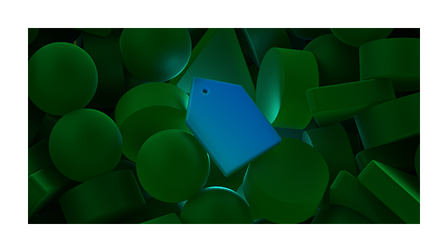A 3-D image of a blue price tag surrounded by green tokens.